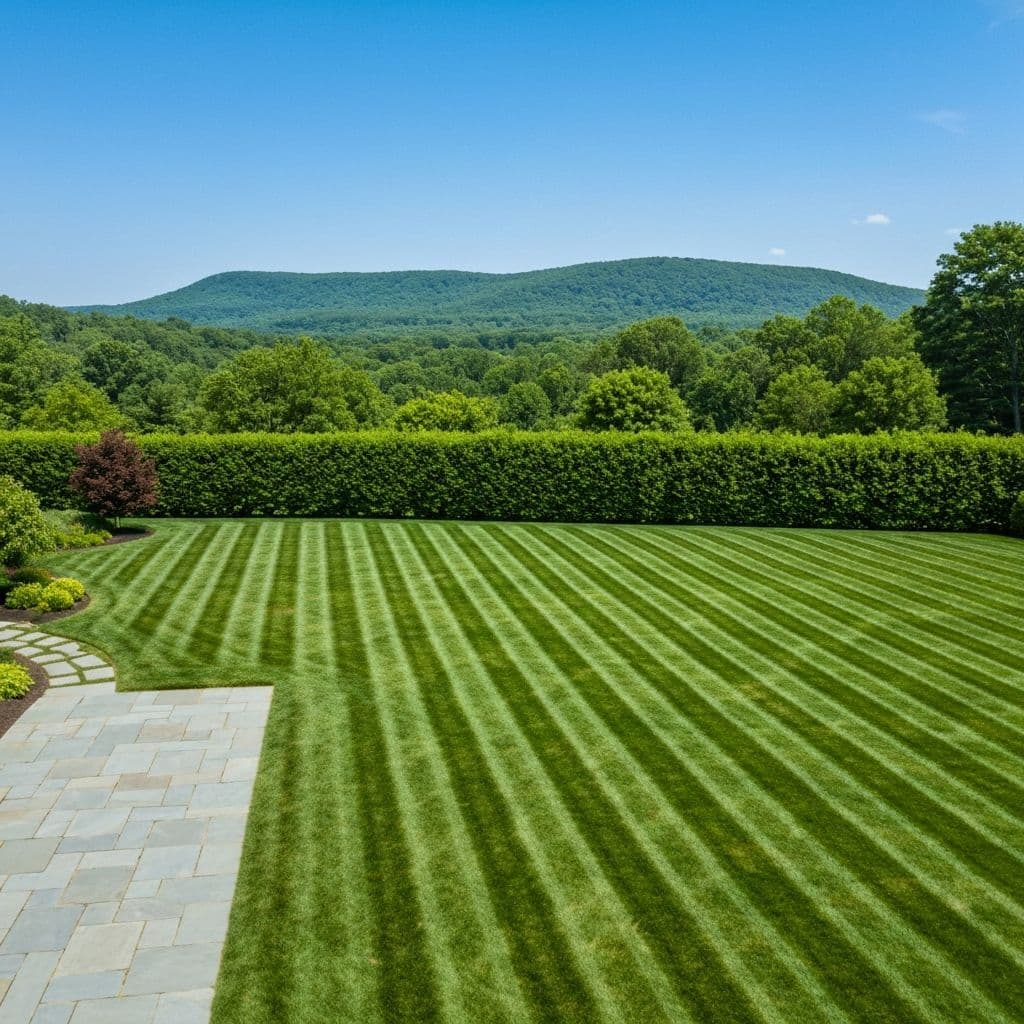 Beautifully manicured lawn with stone walkway in Southington, Connecticut